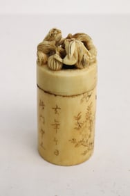 Chinese bone carved opium box w/ dragon motif finial