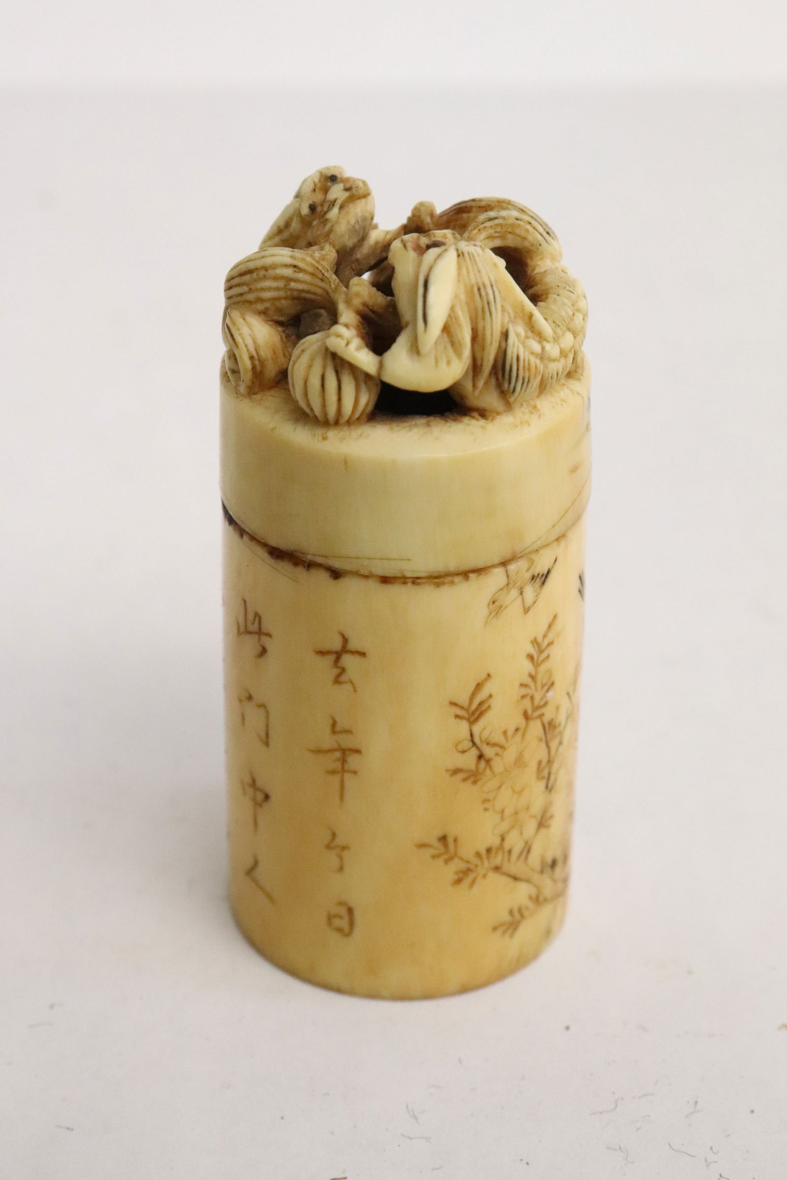 Chinese bone carved opium box w/ dragon motif finial: A very rare Chinese bone carved opium box with dragon motif finial, the body incised with calligraphy, hairline on cover edge, 2.65"x1.18"dia