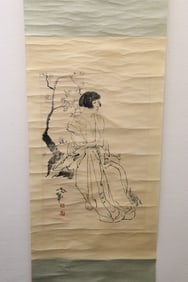 Watercolor scroll "girl under plum tree""