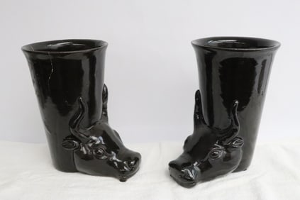 Pair black glazed porcelain vases