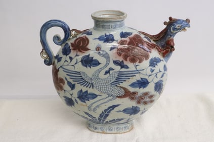 Chinese blue, red & white porcelain wine server