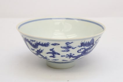 Blue and white porcelain bowl with dragons