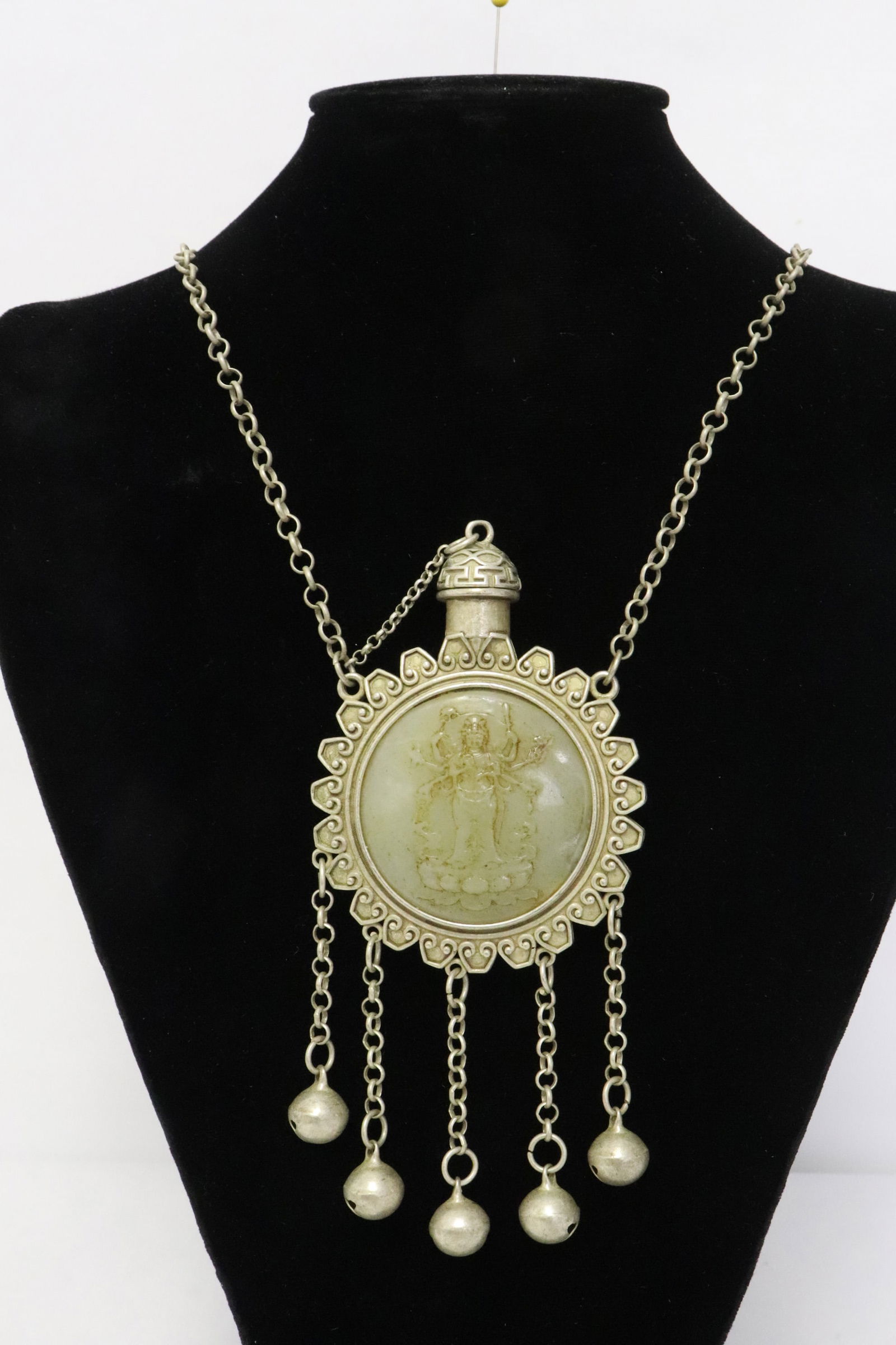 White metal scent bottle with jade like stone inset (1 of 7)