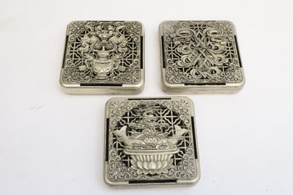 3 white metal scent boxes