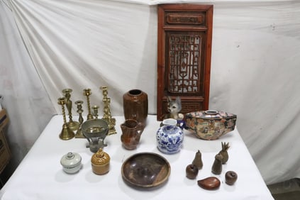Lot of Chinese misc. porcelains, & a antique wood panel