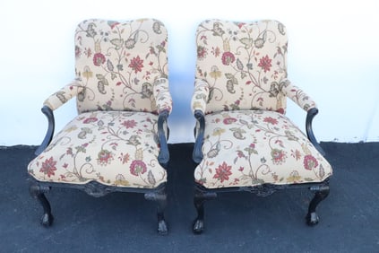 Pair Ethan Allen armchairs w/ crewel upholstery