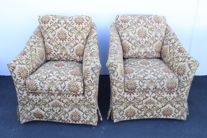 Pair Ethan Allen club chairs w/ crewel upholstery