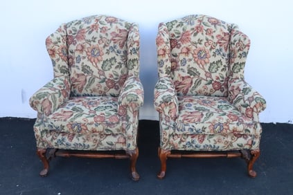 Pair Ethan Allen wingback chairs w/ crewel upholstery