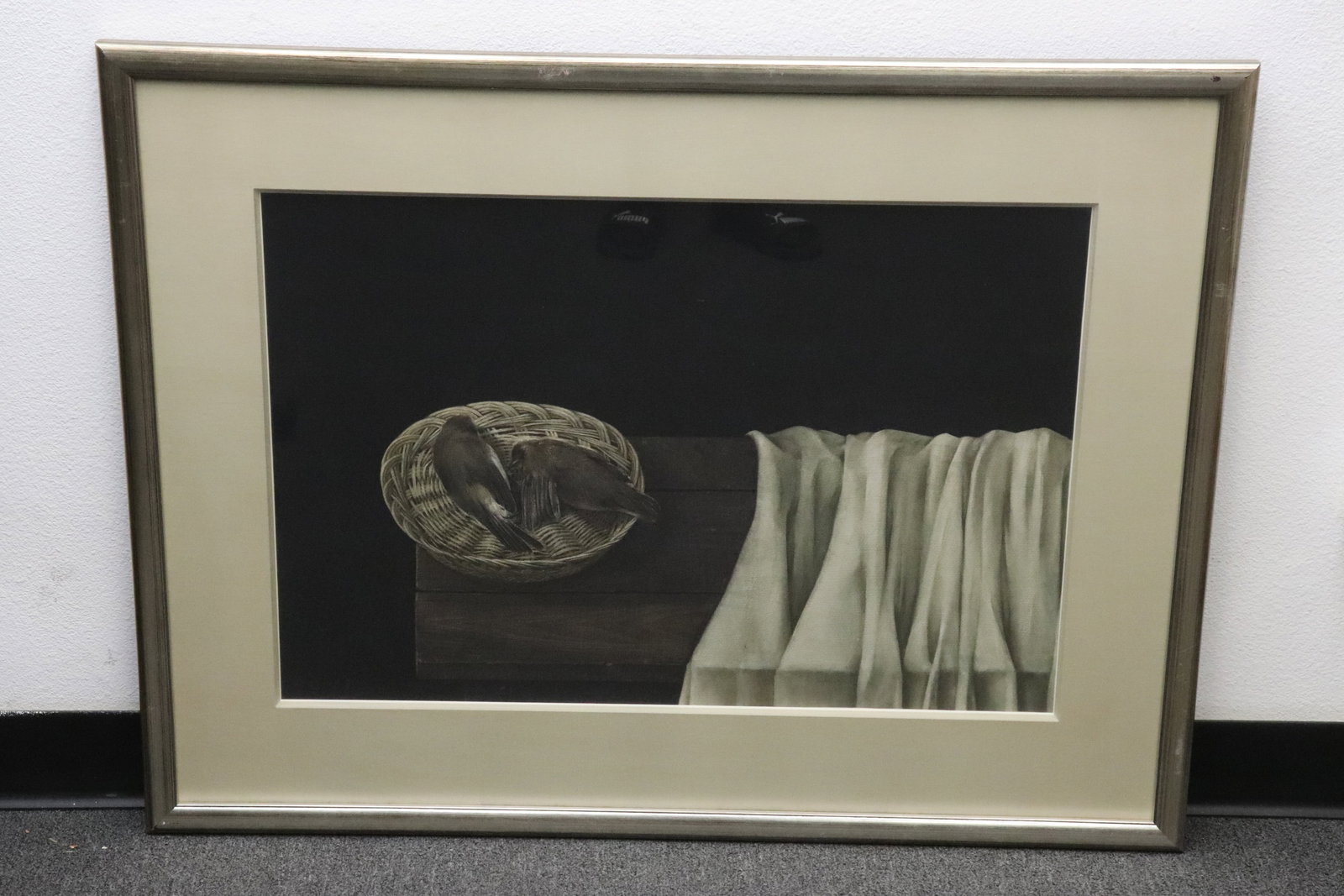 Chinese ink/ watercolor on paper, signed & dated: Chinese ink/ watercolor on paper depicting 2 birds in basket on bench with towel on right, this is a very fine and detailed painting, signed Jun (軍), dated 1989, March, 19.7"x29.2", F(30.35"x39