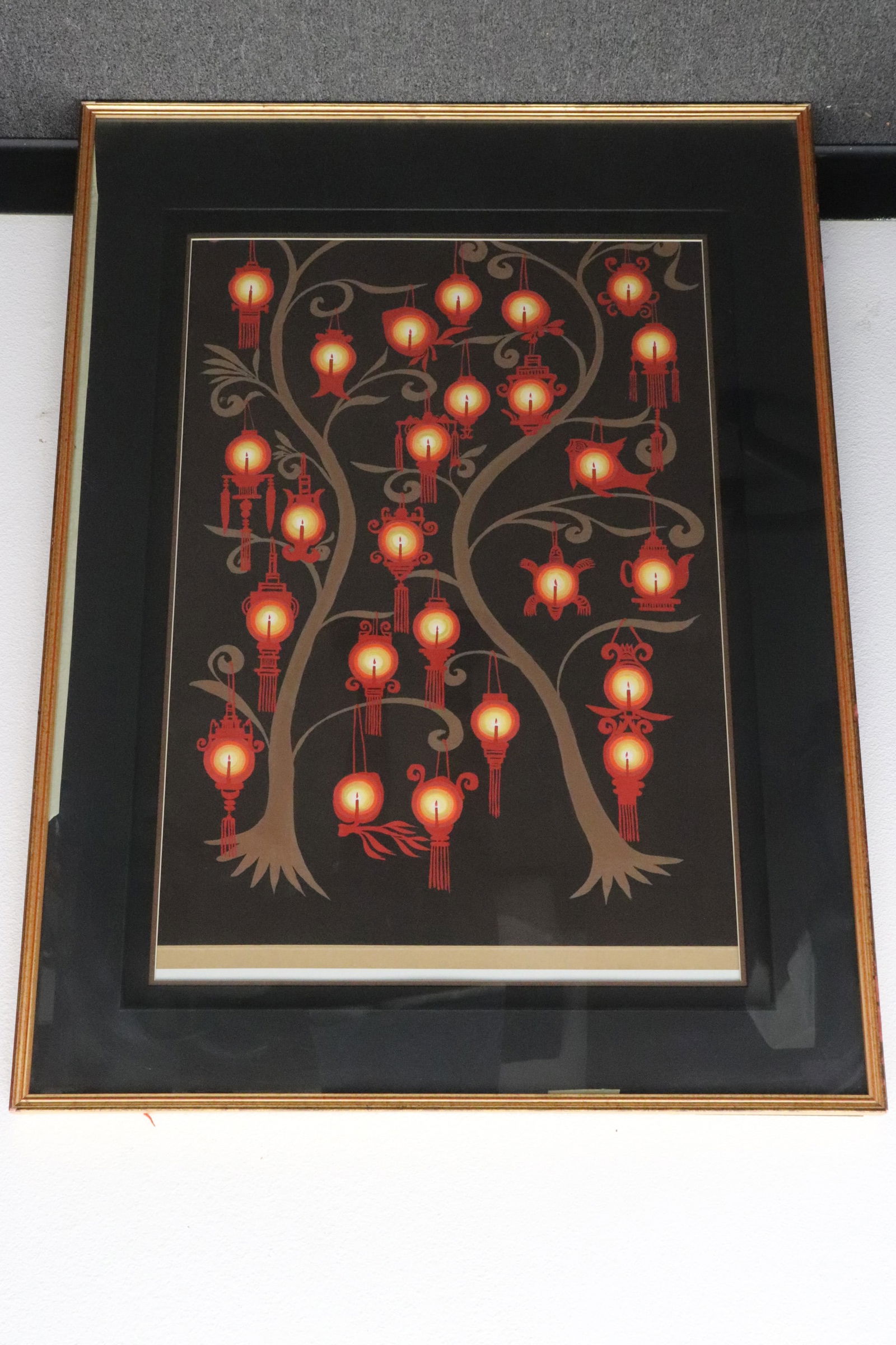 Chinese ink/ watercolor on paper: Chinese ink/ watercolor on paper depicting lanterns on tree branches, not signed, 34.6"x23.7", F(46.5"x34.35"x1.25")