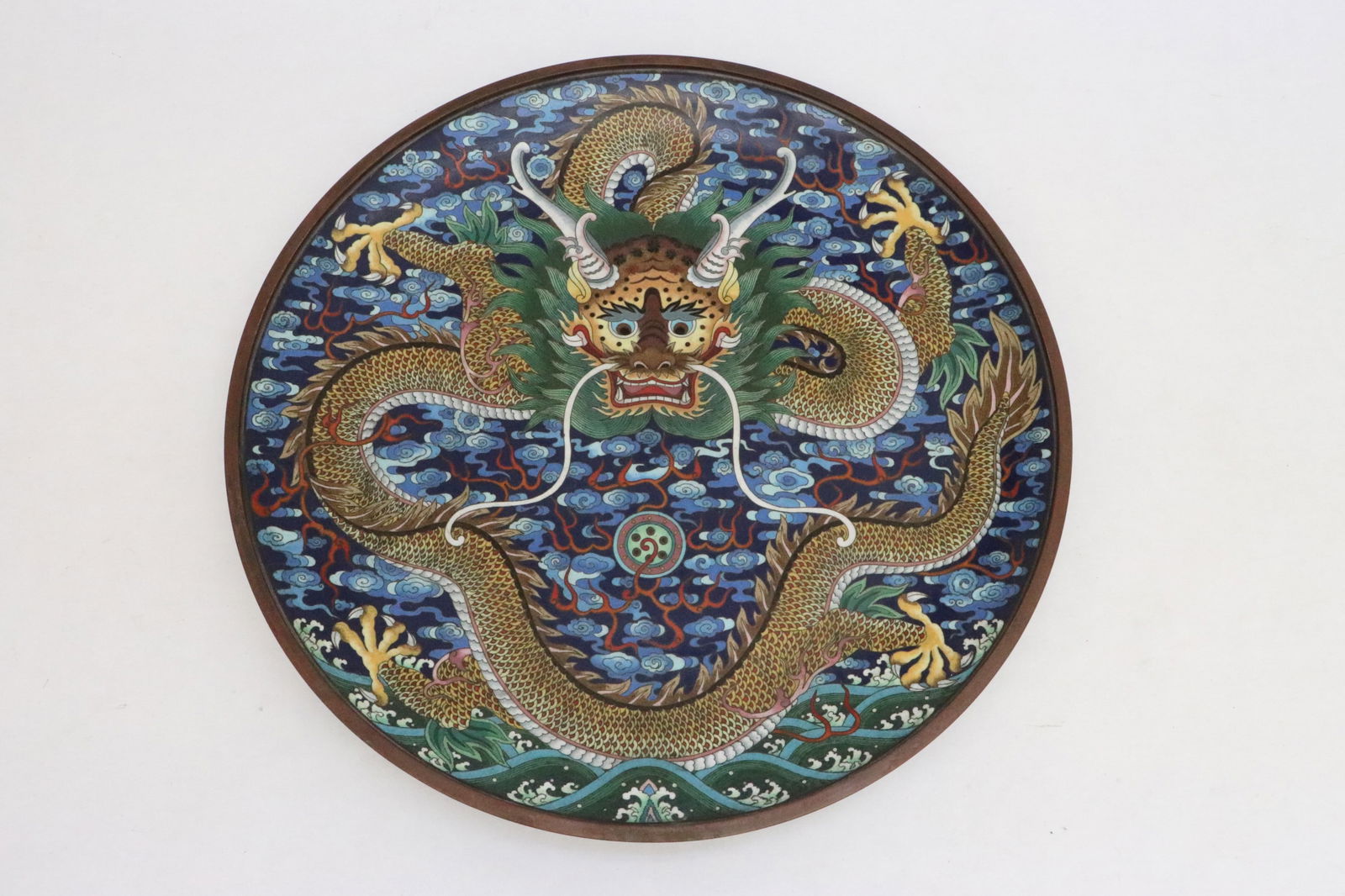 Chinese late 19th c. bronze based cloisonne platter (1 of 9)