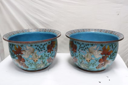 Pair massive Chinese 19th c. bronze based cloisonne planters