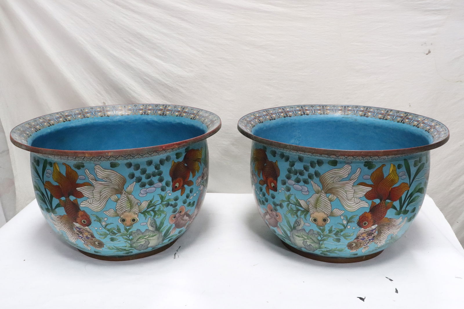 Pair massive Chinese 19th c. bronze based cloisonne planters (1 of 17)