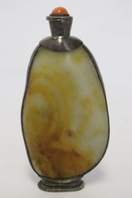 Chinese 19th c. silver snuff bottle w/ hetian jade inset