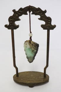 Chinese 19th c. jadeite ornament on hanging stand: Chinese 19th century jadeite carved ornament (2.15"x1.4"x0.3") on hanging stand
