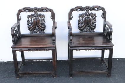 Pair Chinese 19th c. well carved rosewood armchairs