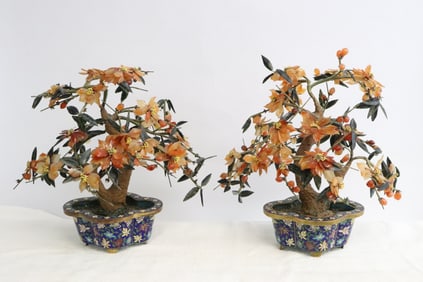 Pair Chinese agate trees with cloisonne planters