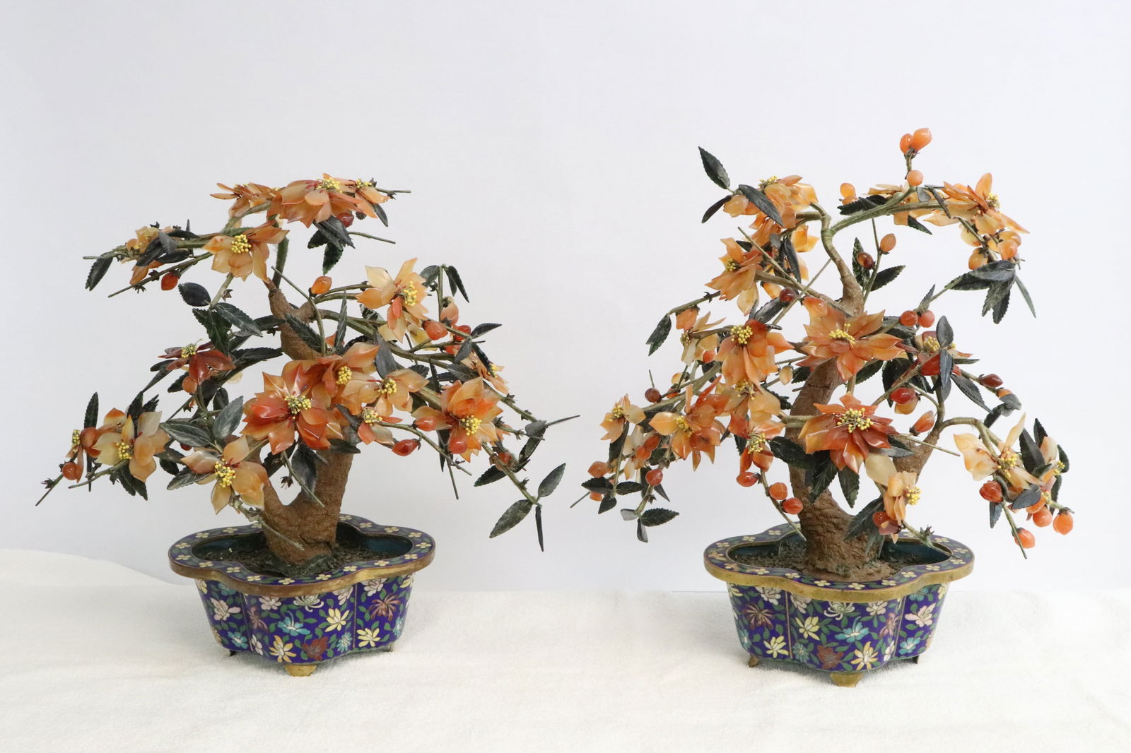 Pair Chinese agate trees with cloisonne planters: Pair Chinese agate trees with cloisonne planters, 12.3"H, 13.35"H