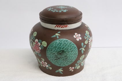Chinese 18th c. enamel on Yixing tea caddy