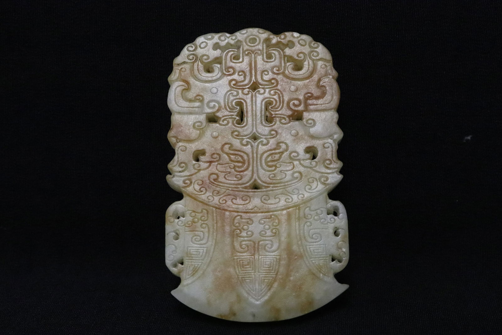 Chinese 19th century white jade plaque: Chinese 19th century white jade plaque depicting archaic taotie pattern, 2.7"x1.65"x0.3"