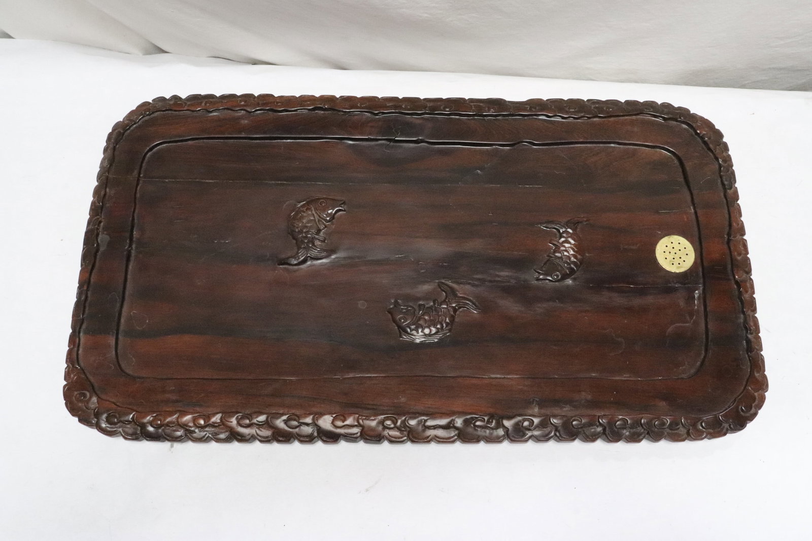 A very heavy Chinese wood carved tea tray: A very heavy Chinese wood carved tea tray, wood cracks, 1.15"x27.9"x15.5"