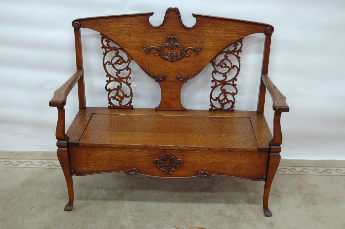 Victorian tiger oak bench with storage compartment