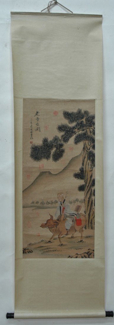 Chinese watercolor on rice paper scroll: Chinese watercolor on rice paper scroll depicting landscape with old man riding water buffalo, 35.5"x16.3"