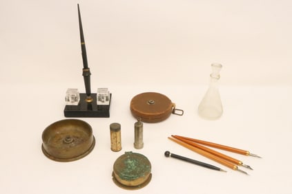 WWII cannon shell base, ink set, pens