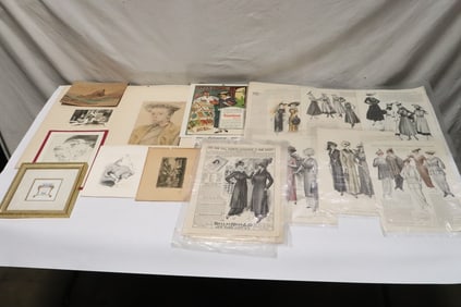 Lot of etchings, old calendar (1909), etc.