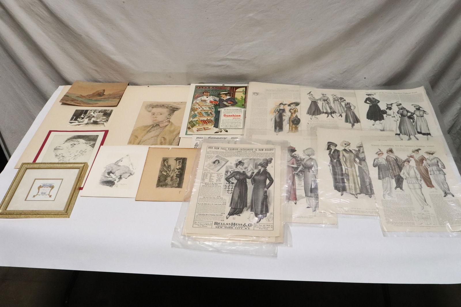 Lot of etchings, old calendar (1909), etc. (1 of 10)