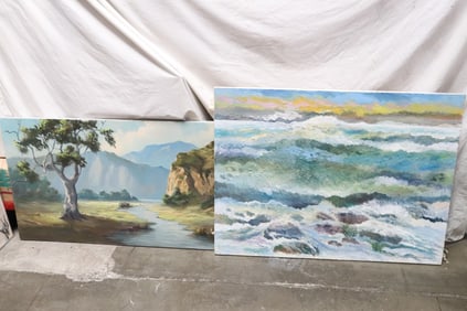 2 oil paintings; one landscape, one seascape