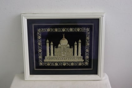 Silver thread(?) embroidery panel of Taj Mahal