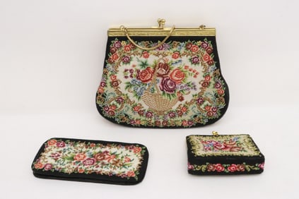 A vintage lady's petty point evening bag, & a wallet