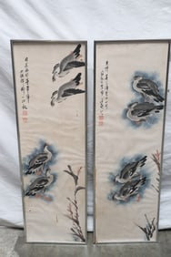 2 Chinese watercolor on paper panels
