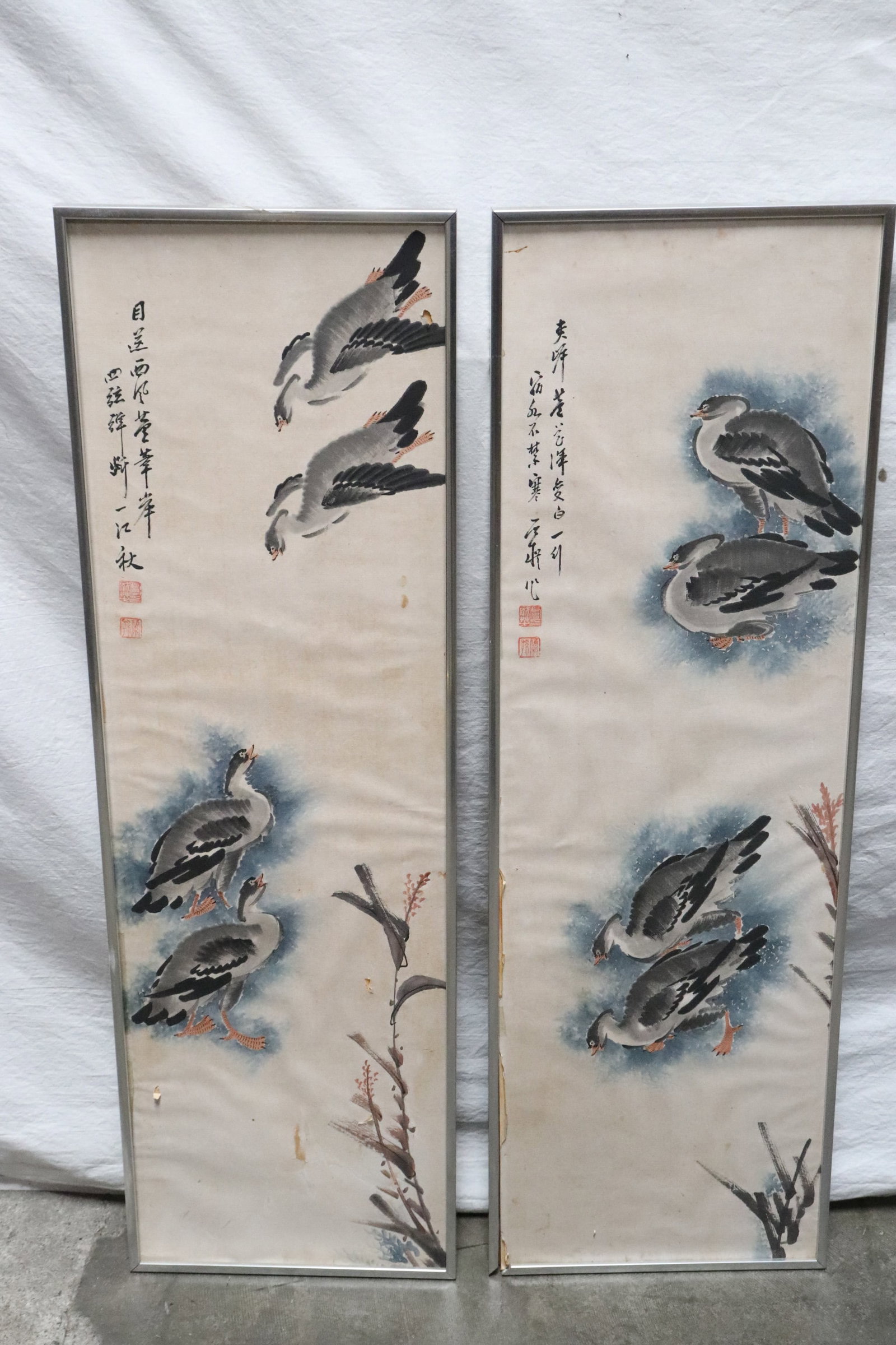 2 Chinese watercolor on paper panels: 2 Chinese watercolor on paper panels, 35.6"x10.65" ea, F: 36.3"x11.3"x0.75" ea