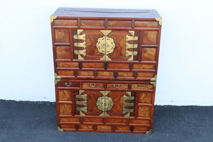 19th c. Korean twin blanket chest w/ brass hardware