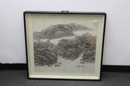 Vintage Korean framed watercolor of landscape
