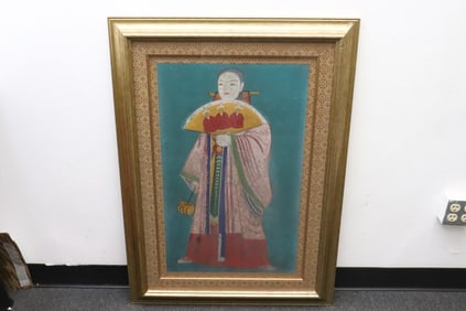 Framed Korean watercolor on silk panel