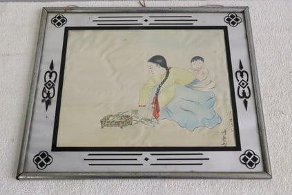 Korean watercolor painting w/ art deco frame