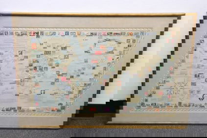 Framed world map with vintage stamps