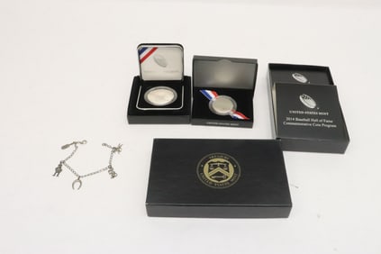2 silver baseball hall of fame coins, & a sterling bracelet