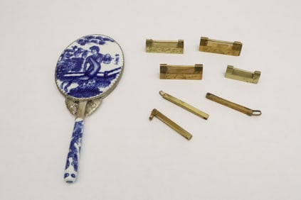 4 Chinese locks, and a b&w porcelain hand mirror