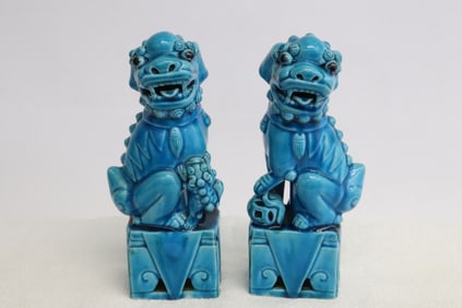 Pair Chinese blue glazed porcelain fulions