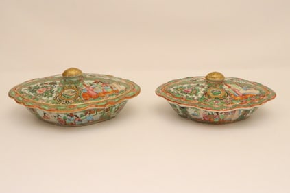 2 Chinese antique rose canton covered tureens