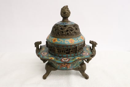 Chinese bronze based cloisonne covered censer