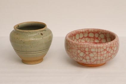 vintage celadon small jar, and a crackleware bowl