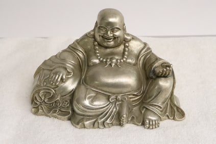 Chinese white metal sculpture of seated Buddha