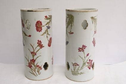 Pair Chinese antique famille rose porcelain hat vases