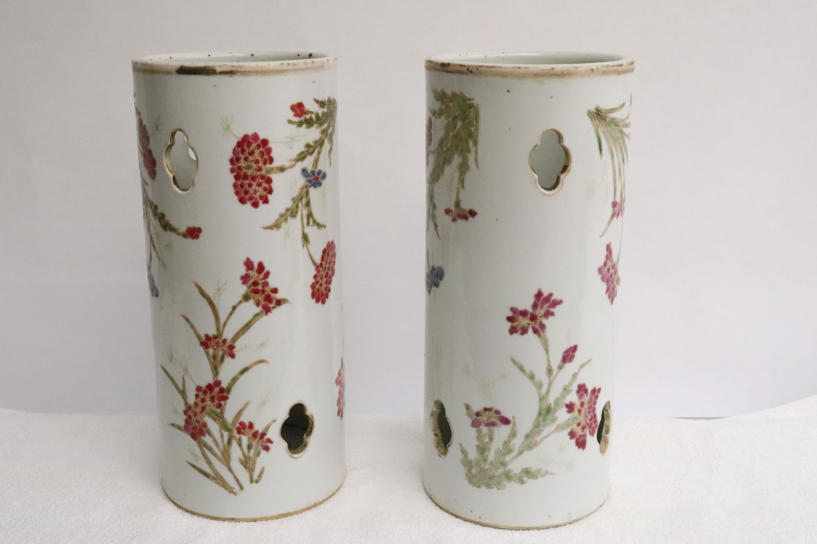 Pair Chinese antique famille rose porcelain hat vases: Pair Chinese antique famille rose porcelain hat vases, drilled, 11.35"x4.95"dia ea