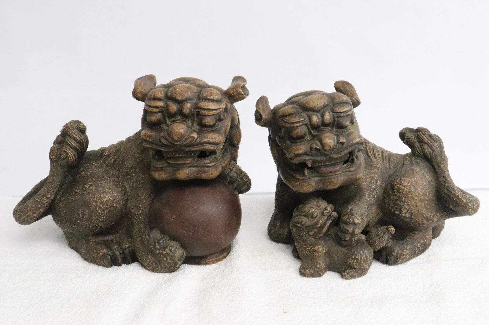 Pair Chinese earthenware fulions: Pair Chinese earthenware fulions, 5.75"H, 6"H